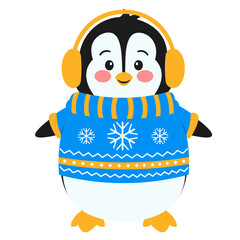 Penguin In Sweater With Headphones Illustration