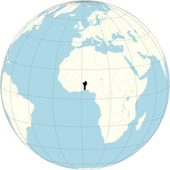 The orthographic projection of the world map with Benin at its center. a West African country bordered by Togo, Nigeria, Burkina Faso, and Niger. 