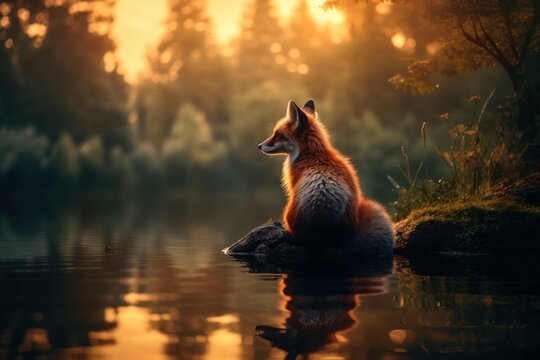 Photo of an animal's solitary contemplation in a tranquil setting. Generative AI
