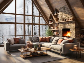 Cozy chalet living room with fireplace, A-frame windows, and snowy forest view. Generative AI