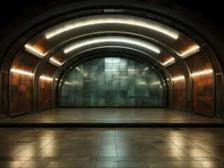 Futuristic subway tunnel with curved architecture and warm lighting. Modern urban design concept. Generative AI