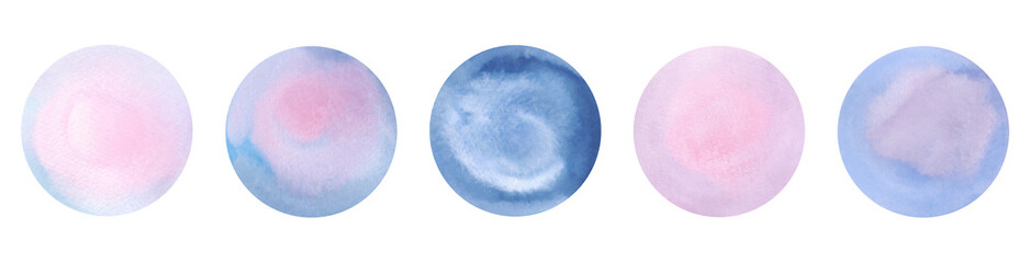 A set of colored watercolor circles isolated on a white background, hand-drawn. Round background, a spot with a gradient in pastel pink and blue shades. A decorative element for design and decoration.