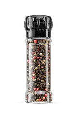 Mix of different types peppercorns in transparent mill grinder isolated. Transparent PNG image.