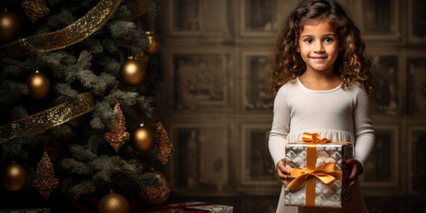 Obraz na płótnie Canvas Smiling young girl with a striped gift box in front of a decorated Christmas tree. Generative AI