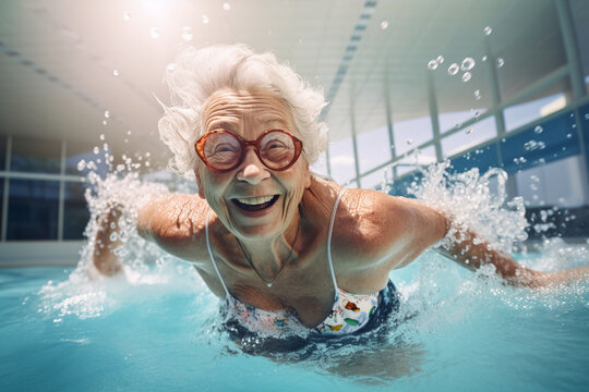 Active Aging: Elderly Woman Engaging in Invigorating Water Aerobics