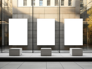 Trio of blank billboards against a modern office building backdrop. Corporate marketing concept. Generative AI