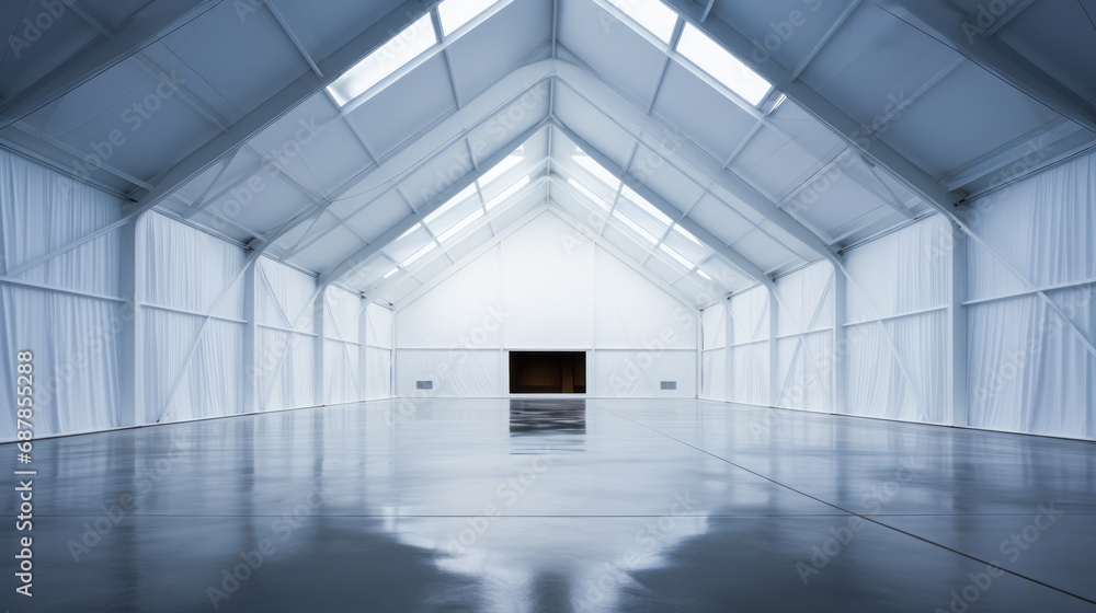 Aufkleber modern warehouse with an angular roof design and white draping cloth. architectural purity concept. 