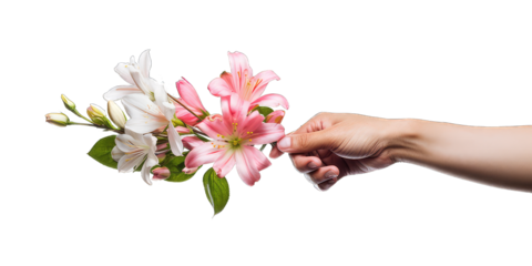 Hands holding a beautiful flower bouquet isolated on transparent background. Flower delivery, romantic gift and greeting card concept