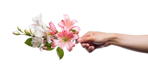 Fototapeten Hands holding a beautiful flower bouquet isolated on transparent background. Flower delivery, romantic gift and greeting card concept © Neda Asyasi