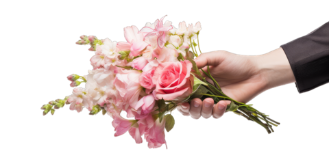 Hands holding a beautiful flower bouquet isolated on transparent background. Flower delivery, romantic gift and greeting card concept