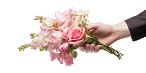 Foto auf Acrylglas Hands holding a beautiful flower bouquet isolated on transparent background. Flower delivery, romantic gift and greeting card concept © Neda Asyasi