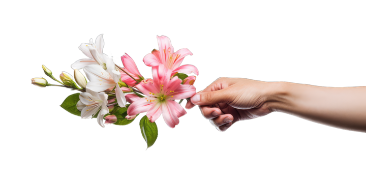 Hands holding a beautiful flower bouquet isolated on transparent background. Flower delivery, romantic gift and greeting card concept - Powered by Adobe