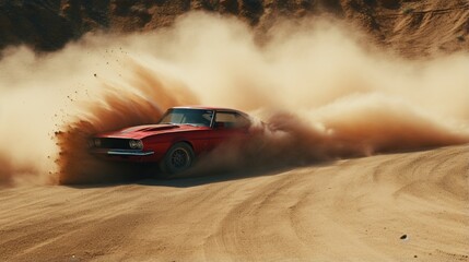 red car enters the turn with skid. - obrazy, fototapety, plakaty