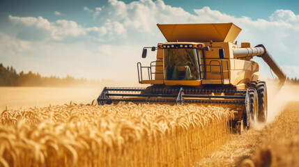 Fototapeta premium Harvesting machine in golden wheat field
