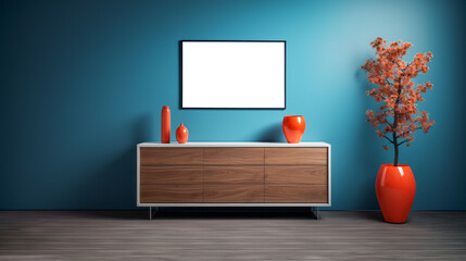 Modern home interior, blue wall and wooden details. Creative mockup. Generative AI