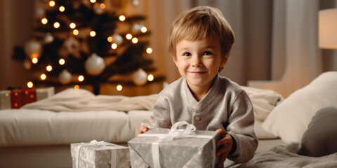 Fototapeta na wymiar Smiling young boy in bed with shimmering Christmas gifts, blurred tree lights behind. Generative AI