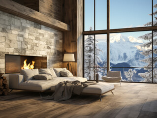 Luxurious mountain home living room with panoramic views and contemporary design. Generative AI