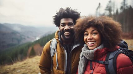 Hiking black couple are standing together