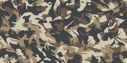 Brown beige camouflage seamless grunge pattern. Modern urban camo texture, fashionable fabric. Desert masking color. Stock vector illustration - obrazy, fototapety, plakaty