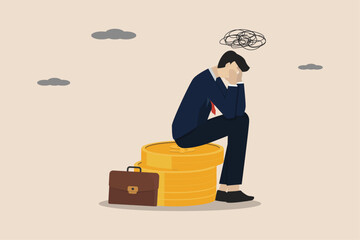 Financial problems, failure, unemployment, bankrupt office worker, economic crisis, depressed unemployed businessman sitting with dollar coins.