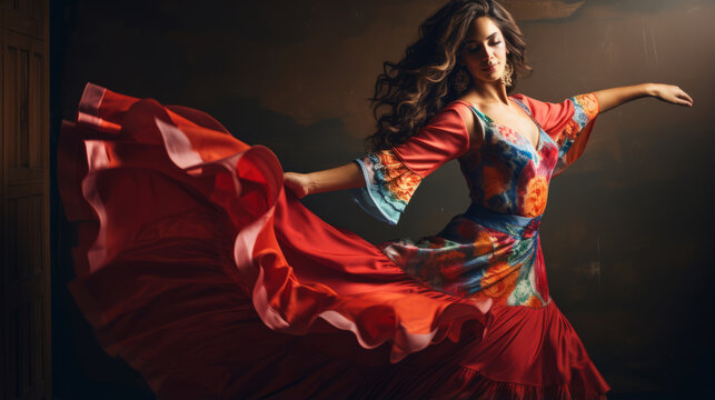 Hispanic Latin woman in beautiful dress is dancing