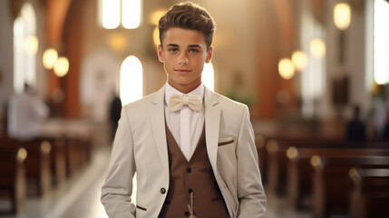 Young boy in formal clothes is standing in the church