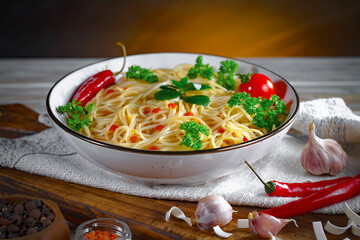 Pasta, spaghetti in a plate with seasonings and vegetables. Hot, natural and tasty dish.