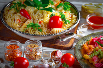Pasta, spaghetti in a plate with seasonings and vegetables. Hot, natural and tasty dish.