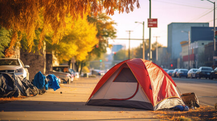 Homeless tent camp on a city street at day - obrazy, fototapety, plakaty