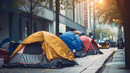 Homeless tent camp on a city street at day - obrazy, fototapety, plakaty