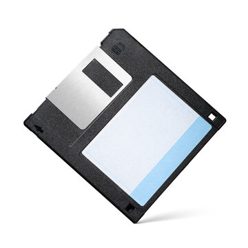 Black 3.5-inch floppy disk or diskette isolated. Transparent PNG image.