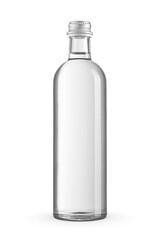 Purified water in a transparent glass bottle with aluminum screw cap isolated. Transparent PNG image.