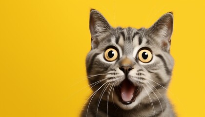 Surprised Cat with Yellow Background, Portrait of a black cat on a yellow background. Studio shot.