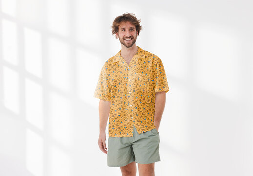 Mockup of man wearing customizable patterned shirt and shorts