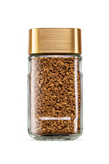Instant coffee in small glass jar with golden lid isolated. Transparent PNG image.