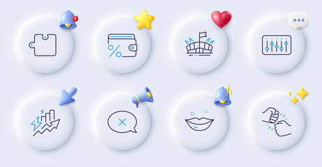 Consumption growth, Puzzle and Lips line icons. Buttons with 3d bell, chat speech, cursor. Pack of Arena, Reject, Dj controller icon. Fist bump, Savings tax pictogram. For web app, printing. Vector