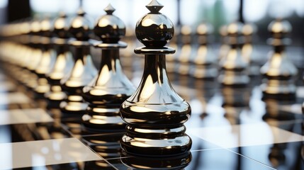 Game board with chess pieces background, closeup