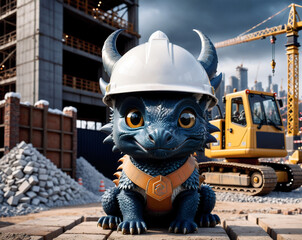 blue dragon in a hard hat and protective vest against the background of a construction site. AI Generated