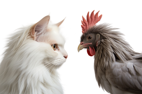 Animal Serene Encounter Rooster and Cat on a White or Clear Surface PNG Transparent Background