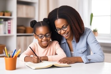 Mom helps her daughter do homework sitting at table writing in notebook right answer. Girl asks mother to help with homework at table with laptop. African American mom helps daughter with homework.