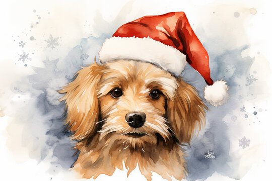 Holiday Hound: Adorable Dog in Santa Hat Captured in Watercolor Painting