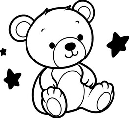 Cute teddy bear with stars silhouette in black color. Vector template for laser cutting.