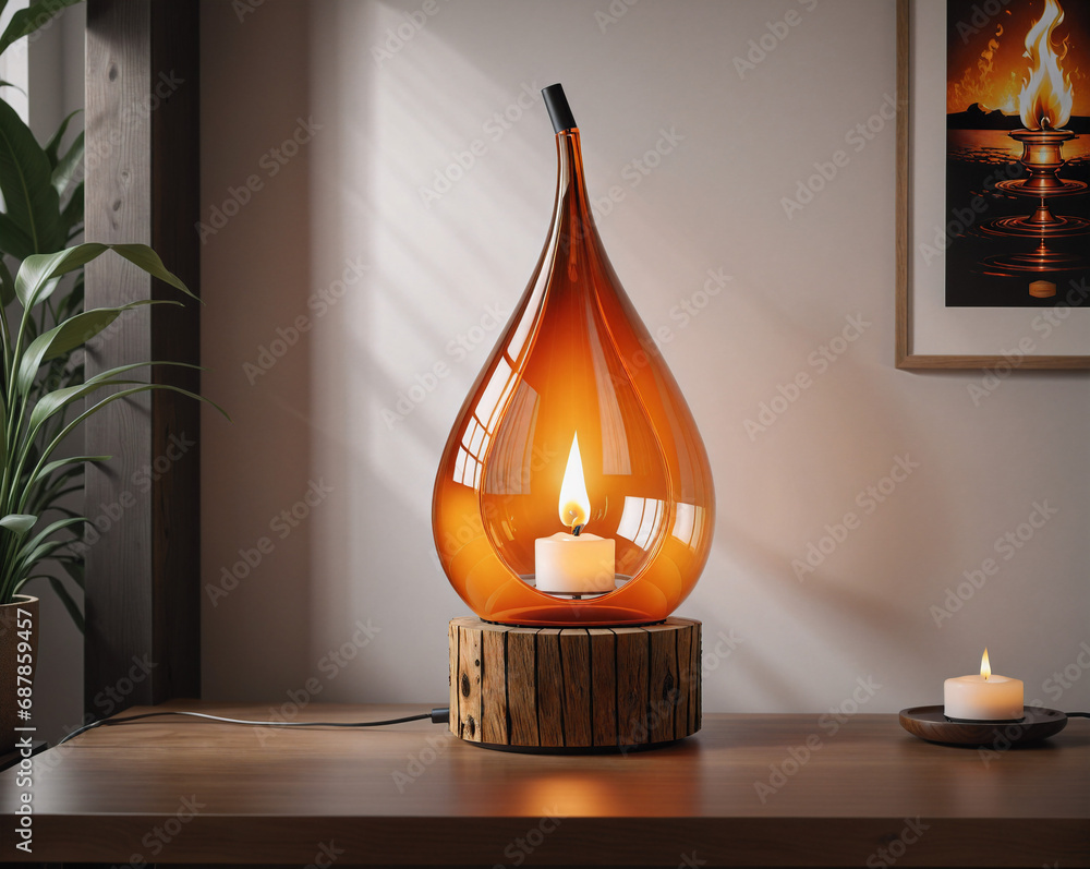 Poster a lamp in the form of a glass drop with a candle burning inside. ai generated