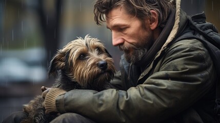 Homeless man with dog on the street close-up