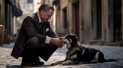 A man in a suit touches a stray dog on the street - obrazy, fototapety, plakaty