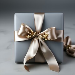 A gift in the form of a box with a bow on a grey background: congratulations on the New Year, Christmas, March 8, Valentine's Day and February 14, Mother's Day, Birthday (Ai generation)