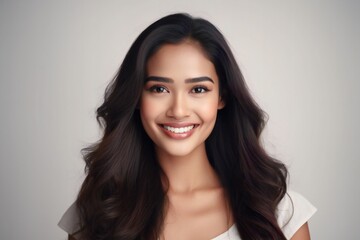 portrait of a young woman. Beautiful model posing in studio on grey background.
