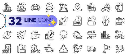 Outline set of Pin, Plane and Ship line icons for web with Car registration, Charging time, Delivery man thin icon. Inventory, Car service, Baggage cart pictogram icon. Pin marker. Vector