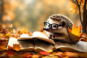 *hedgehog reeding a book with glasses  in autumn-- - obrazy, fototapety, plakaty