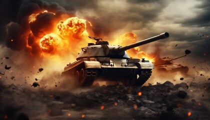 Tank during a battle in a burning fire. Armoured tank crosses a minefield during war invasion - obrazy, fototapety, plakaty
